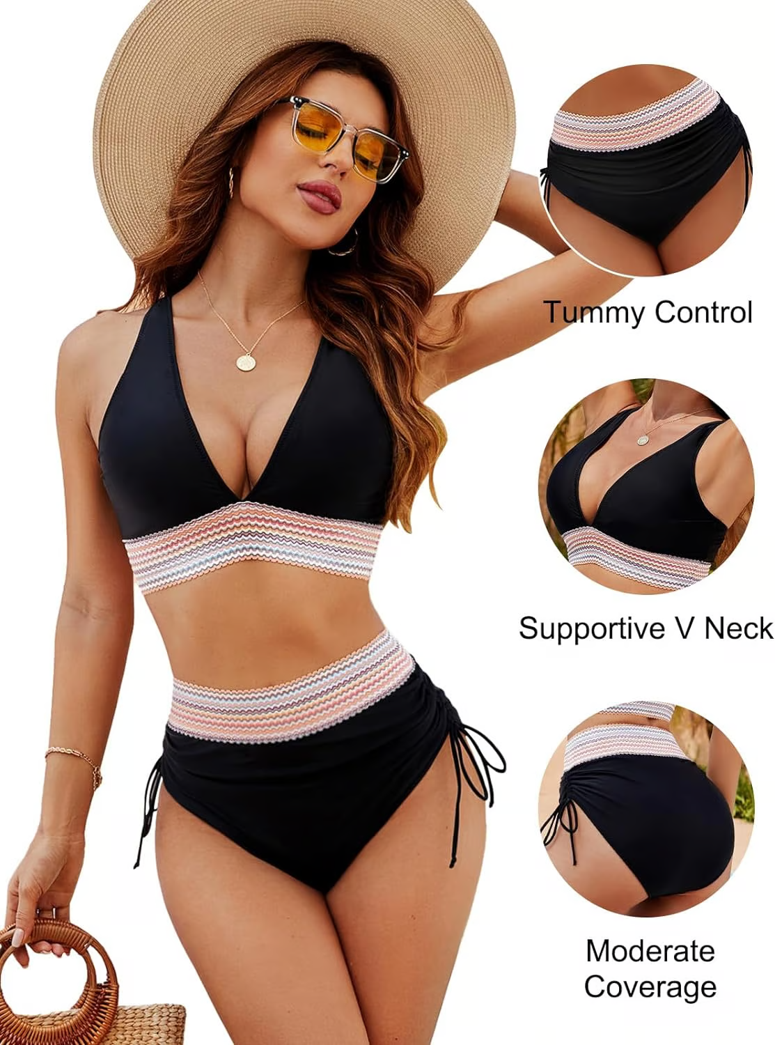 SunChic⢠- High Waisted Tummy Control Color Block Bikini Sets