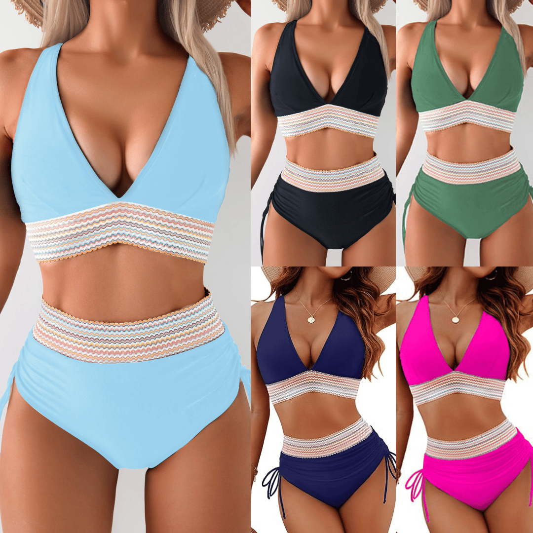 SunChic⢠- High Waisted Tummy Control Color Block Bikini Sets