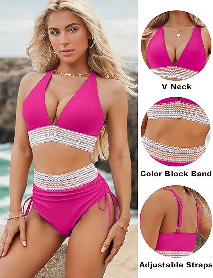 SunChic⢠- High Waisted Tummy Control Color Block Bikini Sets