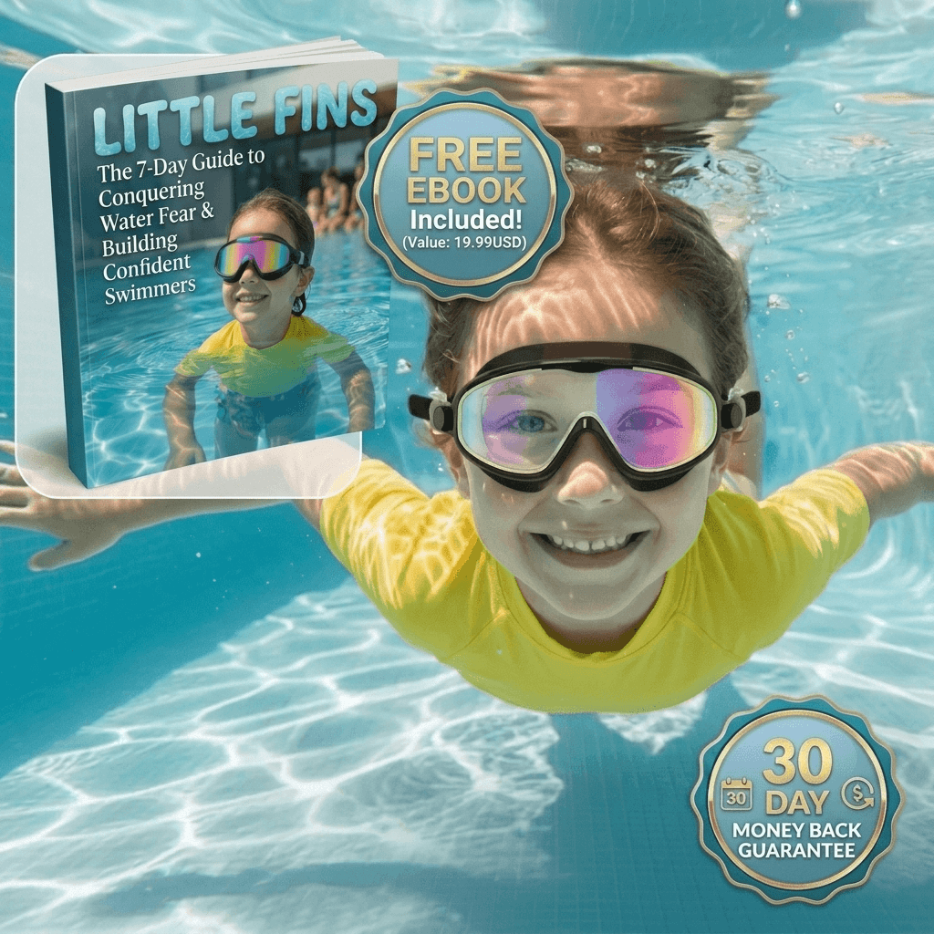 Child swimming underwater with goggles, holding a book titled 'Little Fins' about conquering water fear.