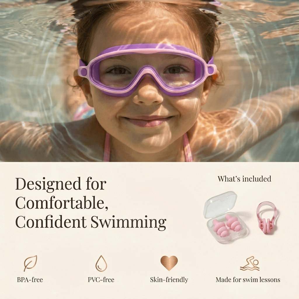 Child wearing purple goggles with text about swim gear features
