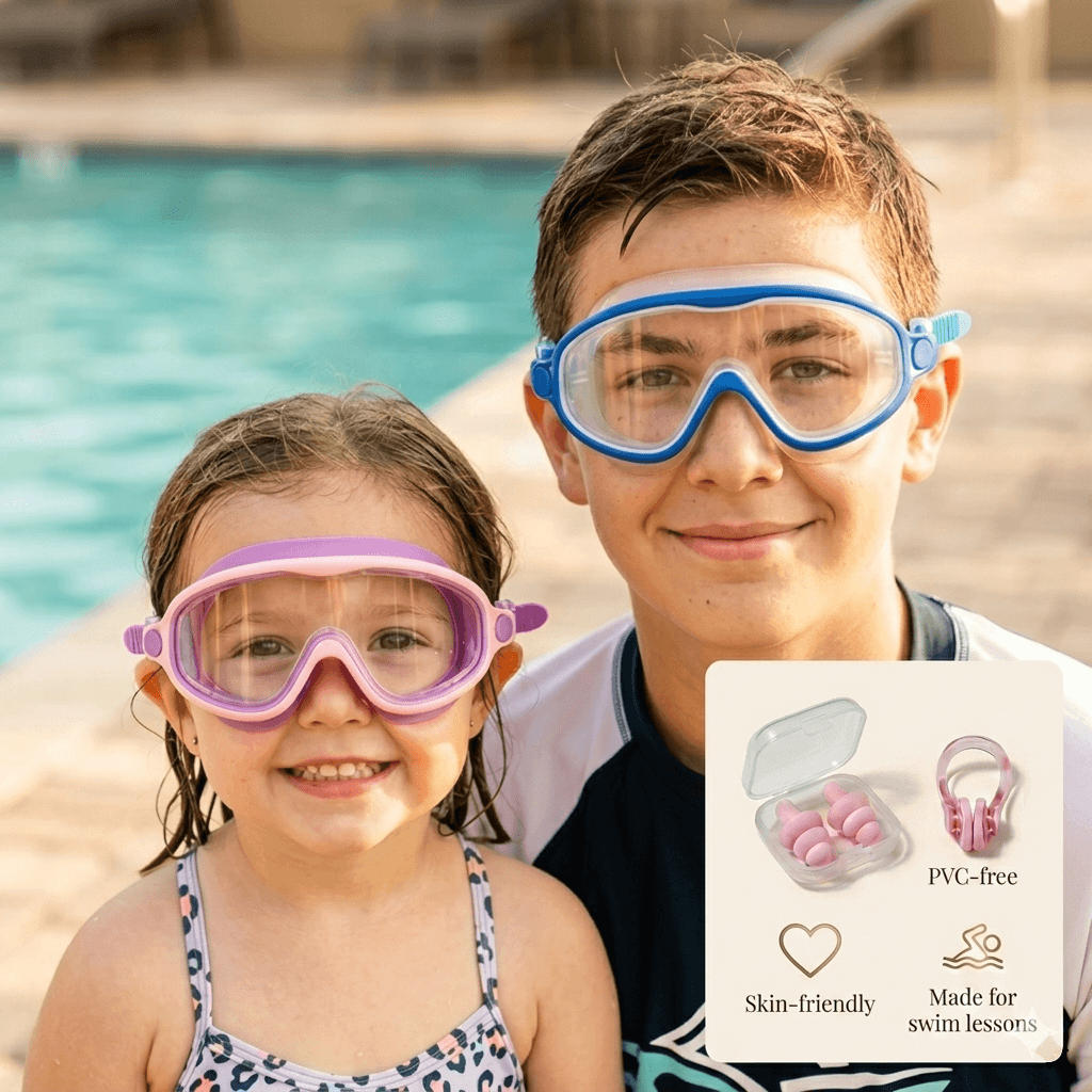 Two children wearing swim goggles with a pool in the background, featuring a product card on the right.