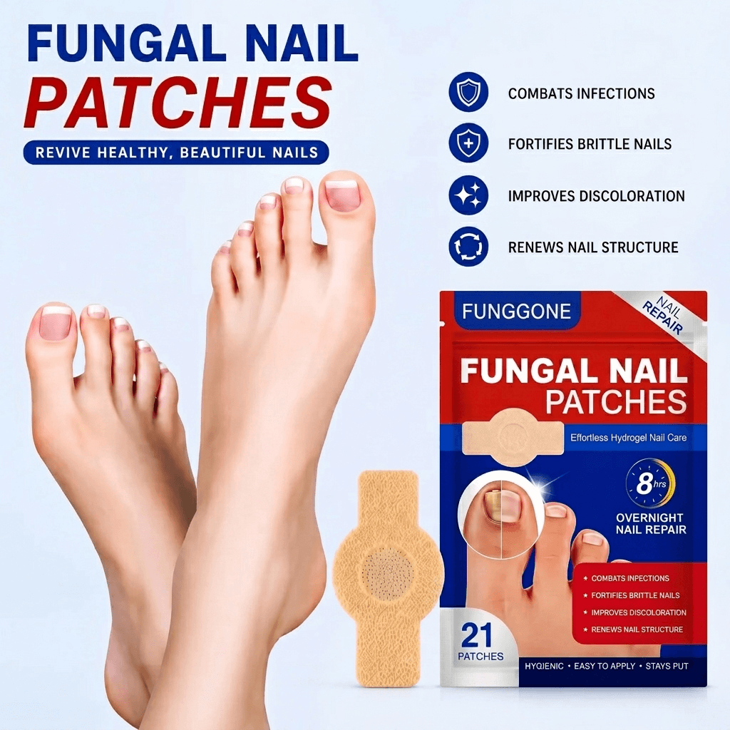 Fungal nail patches shown on feet and in their retail packaging. The image features a pair of feet with healthy, clear nails on the left, a single beige round patch in the foreground, and a blue and red box labeled 'FUNGGONE' on the right with product benefits listed above.