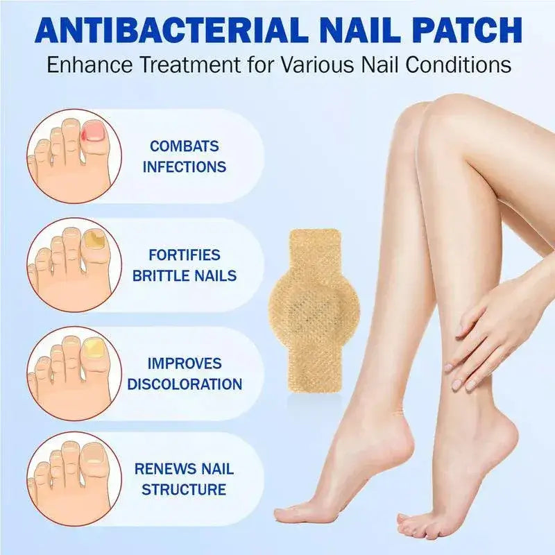 Promotional graphic for an antibacterial nail patch. The image features a beige textured nail patch in the center, alongside illustrations of toes showing different nail conditions (combat infections, brittle nails, discoloration, and nail structure renewal) and a photo of a person's legs with a hand on their ankle.