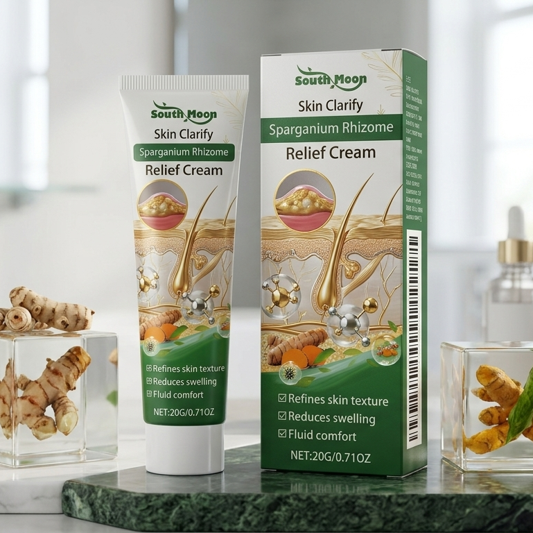 Two bottles of North Mary Skin Clarify Relief Cream on a marble surface with a plant in the background.
