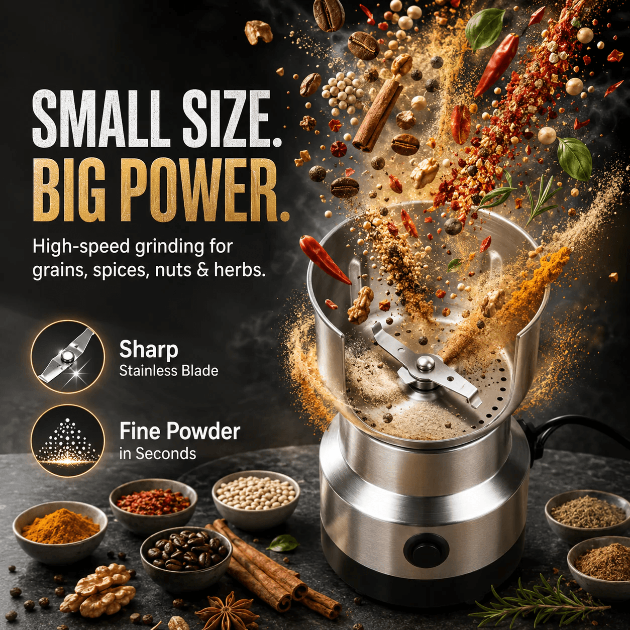 A countertop electric grinder with a stainless steel bowl and blade, shown grinding spices and herbs. The scene includes floating spices, bowls of ingredients, and marketing text reading 'SMALL SIZE.