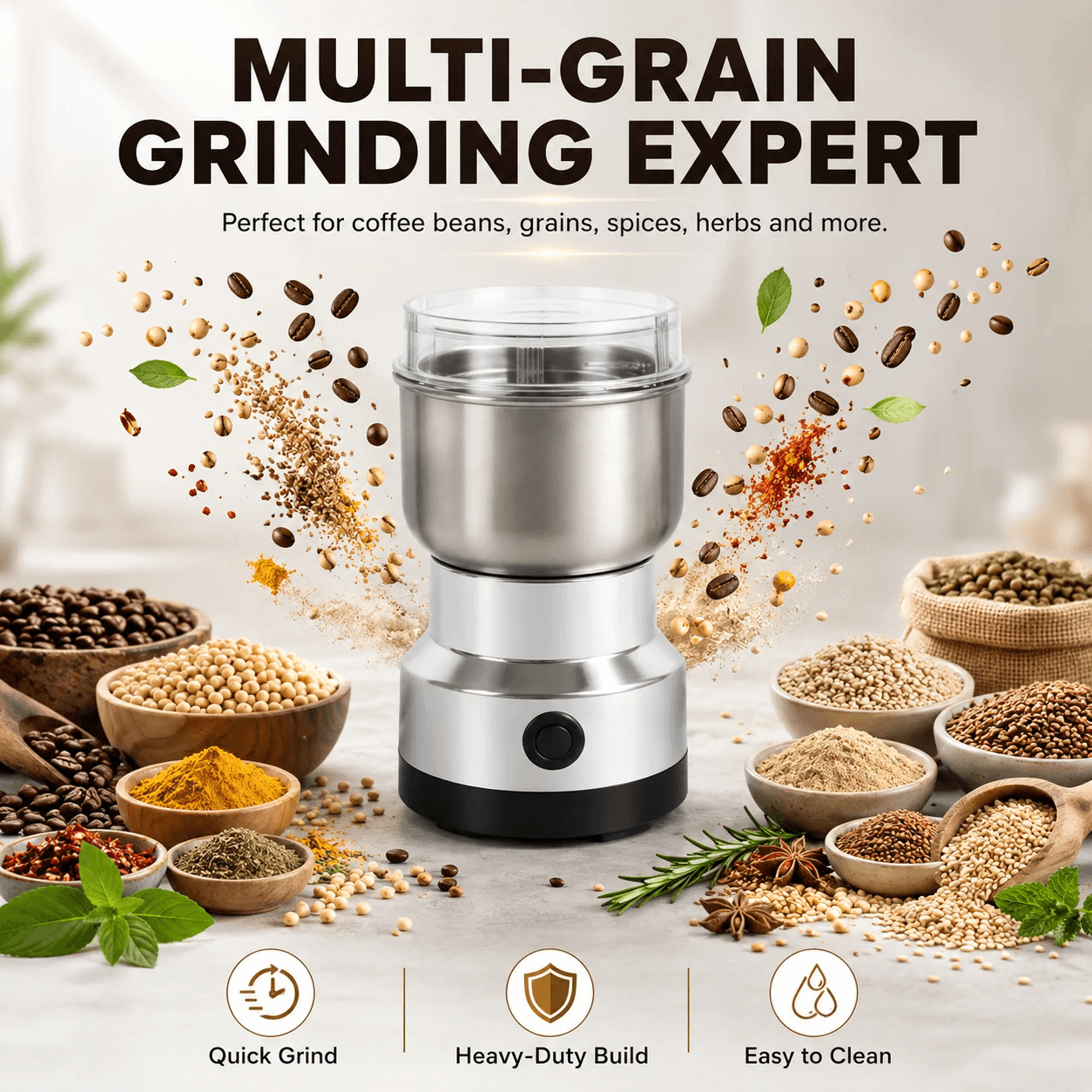 A silver and black electric grinder with a clear lid is centered in a promotional graphic. The scene includes large text reading 'MULTI-GRAIN GRINDING EXPERT,' scattered coffee beans, spices, herbs, and grains around the machine, and feature icons for Quick Grind, Heavy-Duty Build, and Easy to Clean.