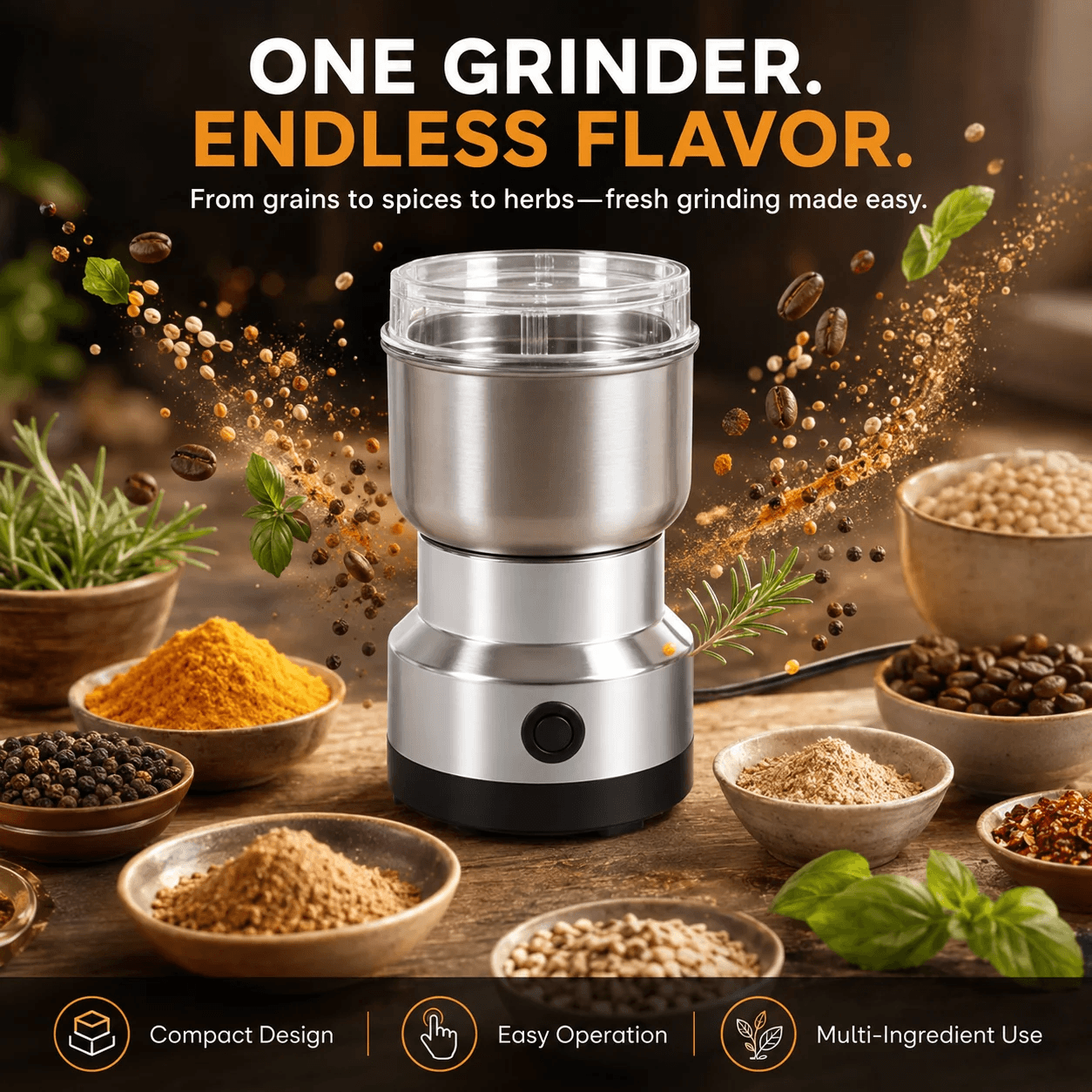 A stainless steel and black electric grinder with a clear lid, shown on a rustic wooden table surrounded by bowls of spices, herbs, and coffee beans. Bold text at the top reads 'ONE GRINDER.