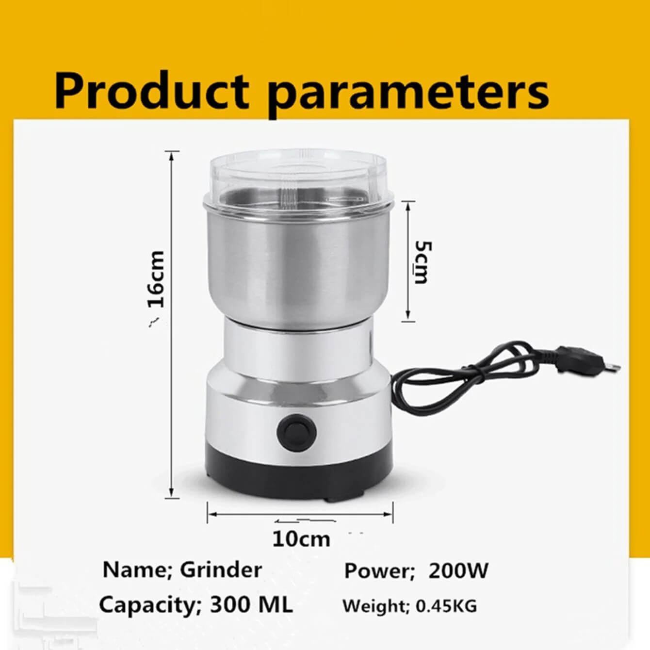 Grinder with dimensions and specifications on a yellow and white background