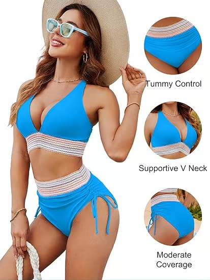 SunChic⢠- High Waisted Tummy Control Color Block Bikini Sets