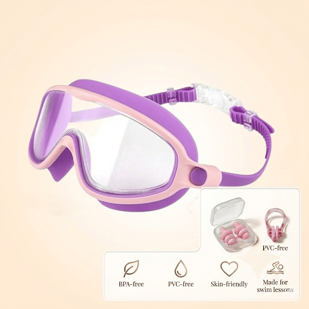 Purple and pink swim mask with features listed on a beige background