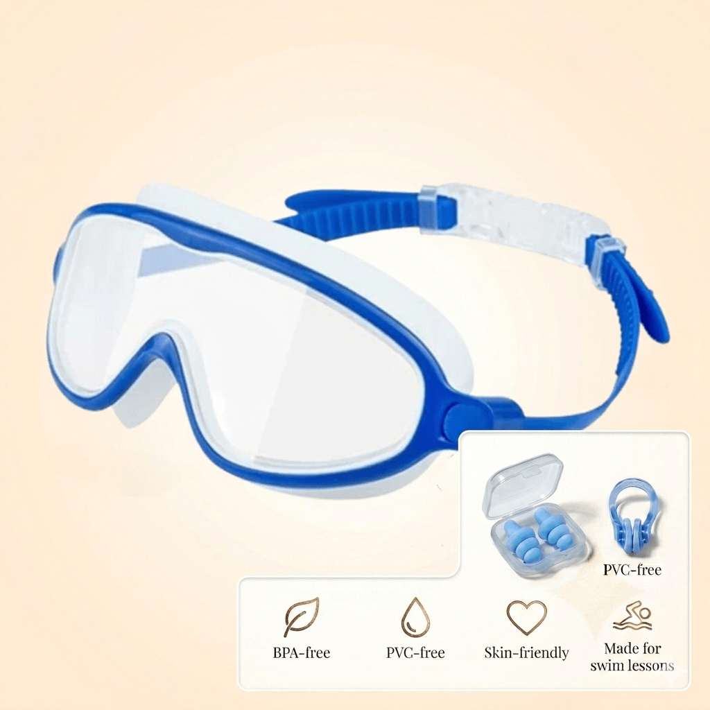 Swimming goggles with blue frame and clear lens on a beige background, featuring product details.