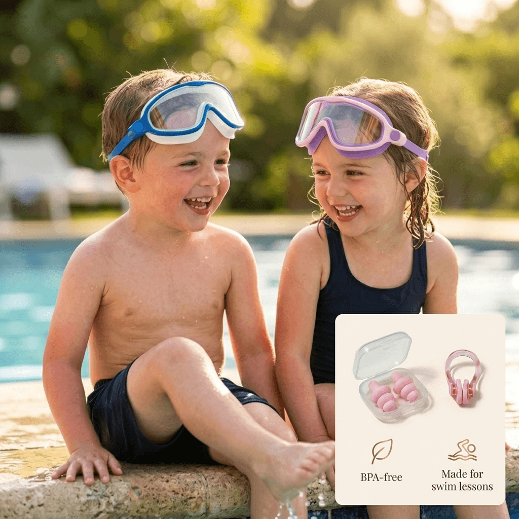 Two children wearing swim goggles sitting by a pool with a product packaging featuring earplugs.