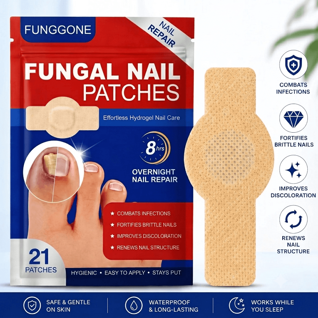 A package of FUNGGONE Fungal Nail Patches shown next to a single beige adhesive nail patch on a white background with feature icons on the right.