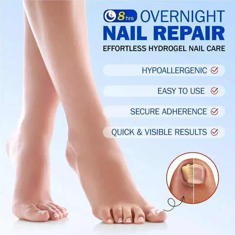 Advertisement for overnight nail repair with a close-up of feet and text highlighting features.