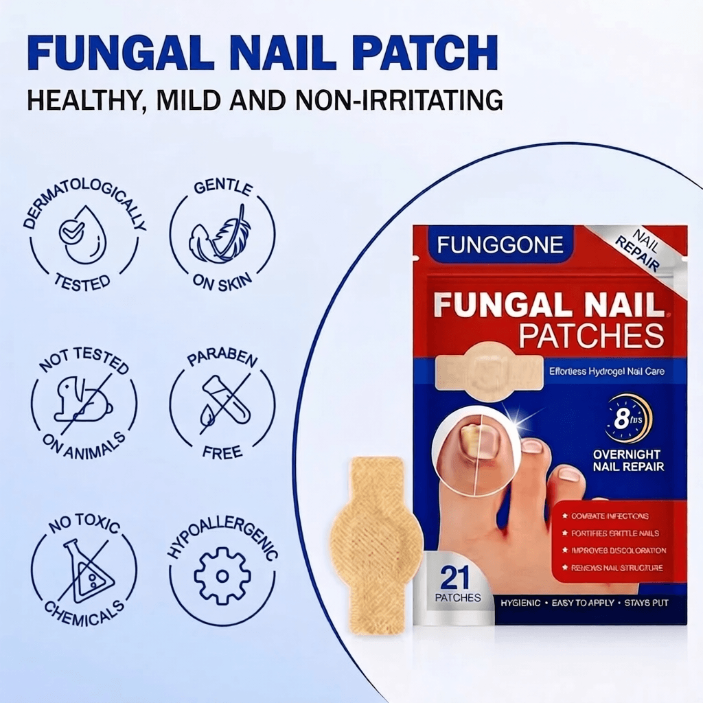 Fungone fungal nail patch packaging and a single beige adhesive patch on a light blue background with marketing text and feature icons.