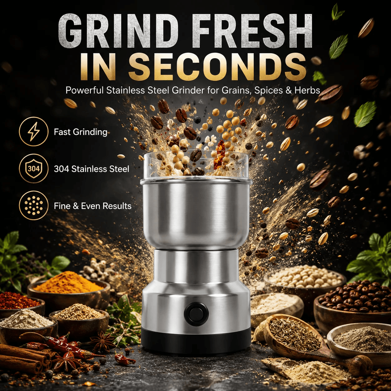 A stainless steel electric grinder with a clear jar, shown centered on a dark background with grains, spices, herbs, and bold marketing text reading 'GRIND FRESH IN SECONDS' and feature callouts about fast grinding, 304 stainless steel, and fine even results.